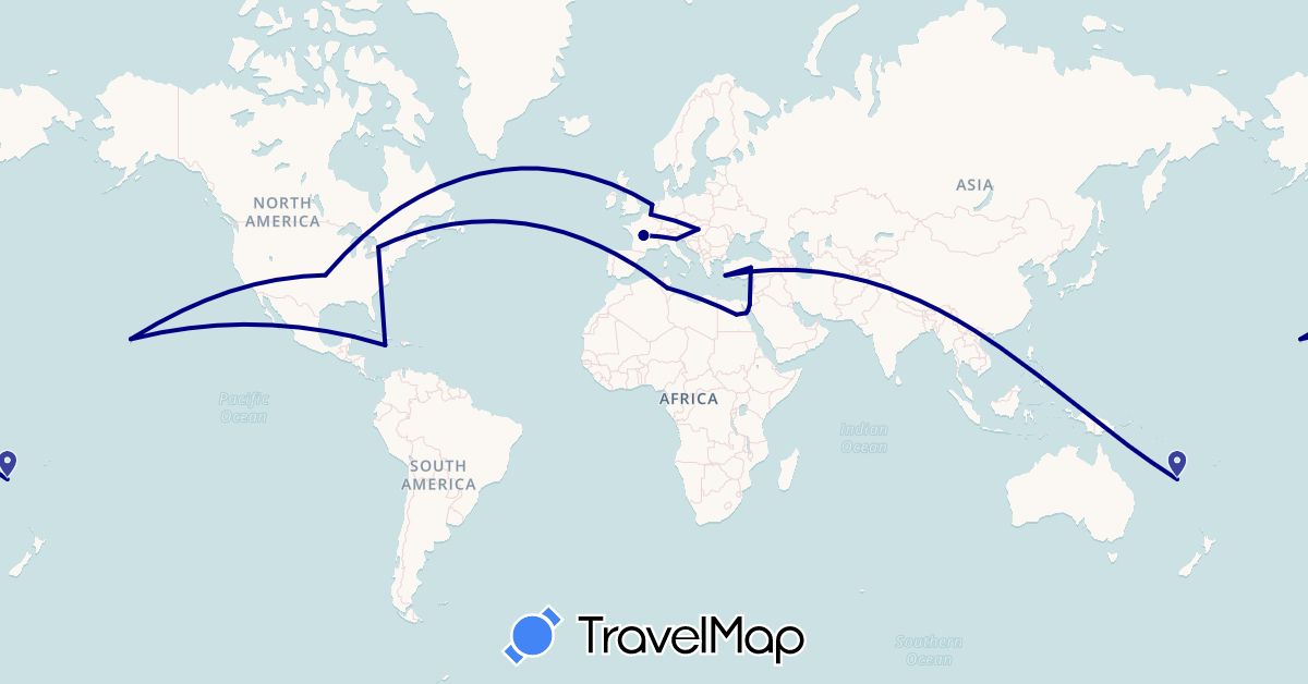 TravelMap itinerary: driving in Belgium, Canada, Egypt, France, Hungary, Italy, Jamaica, Mexico, New Caledonia, Netherlands, Tunisia, Turkey, United States (Africa, Asia, Europe, North America, Oceania)